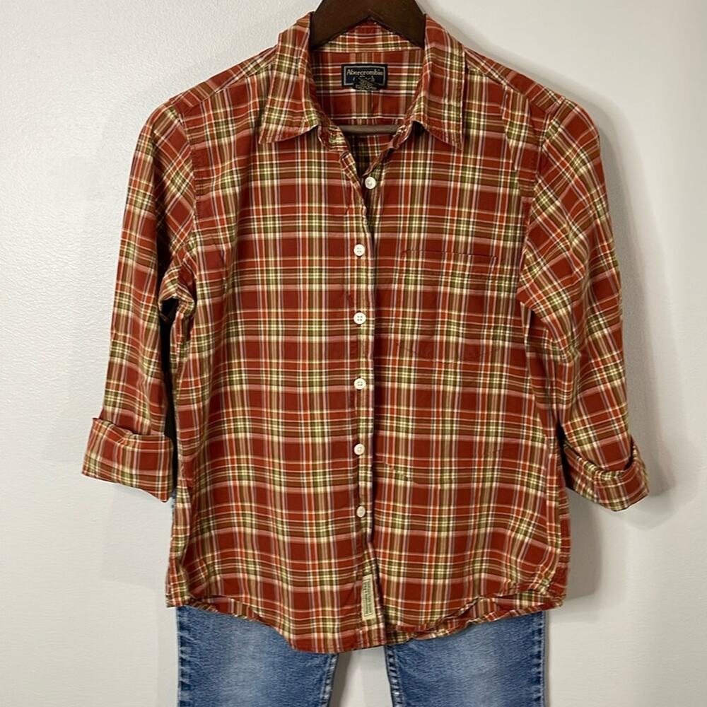 Abercrombie & Fitch Rust/Cream Plaid Button Up Shirt Size M
